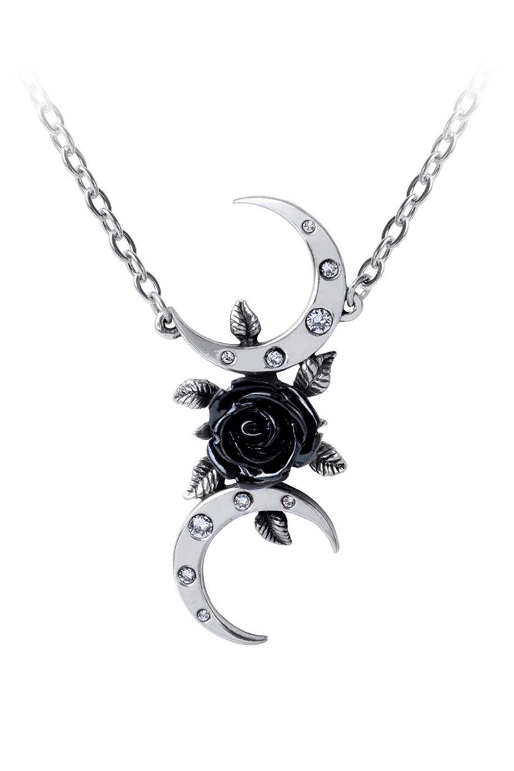 Chic black moon rose necklace featuring Austrian crystals and polished pewter crescents, perfect for Wiccan aesthetics.