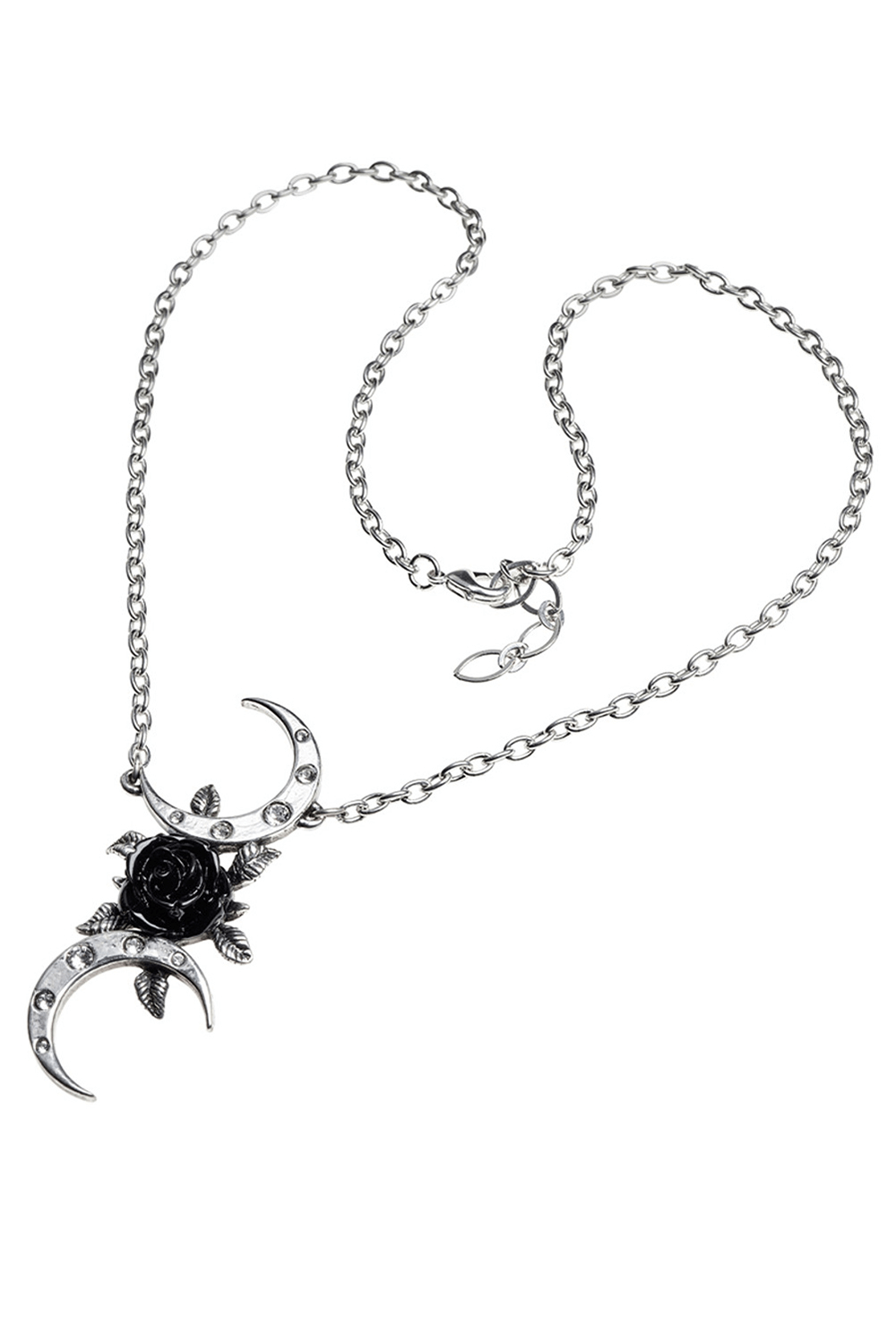 Chic black moon rose necklace with Austrian crystals, featuring pewter crescents and a black rose centerpiece.