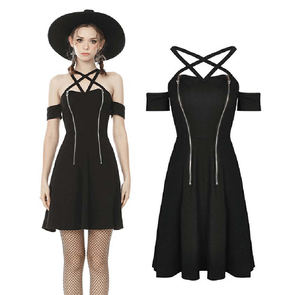 Chic black off-shoulder dress with cross straps, featuring a flattering A-line silhouette and mid-thigh length.