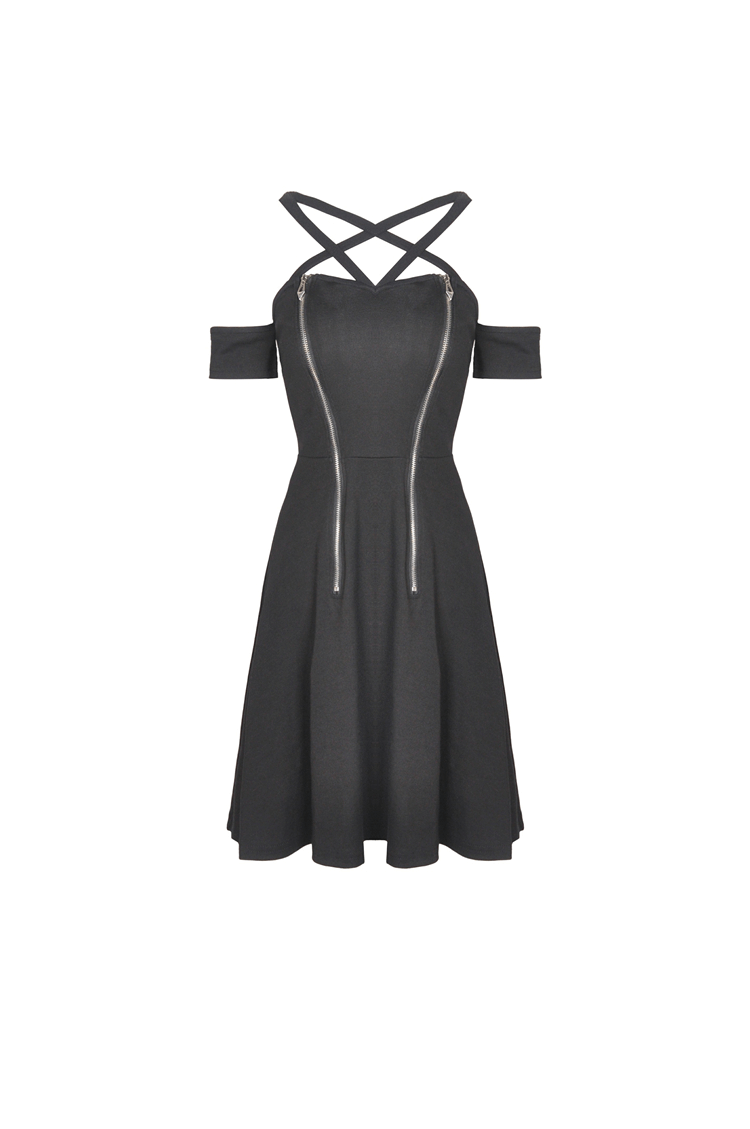 Chic black off-shoulder A-line dress with stylish cross straps and mid-thigh length, perfect for any occasion.