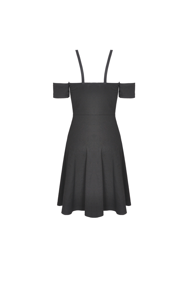 Chic black off-shoulder A-line dress with cross straps, perfect for day or night events.