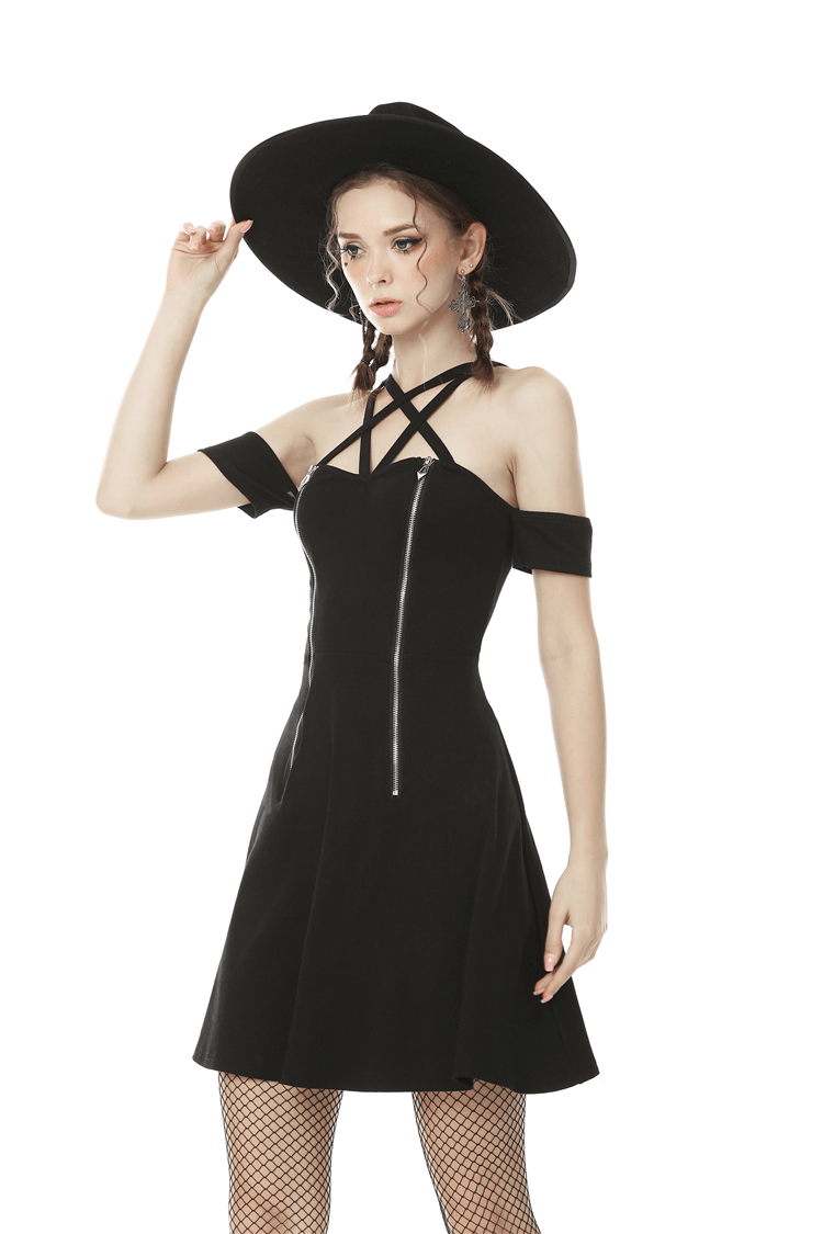 Chic black off-shoulder A-line dress with cross straps, perfect for day or night events.