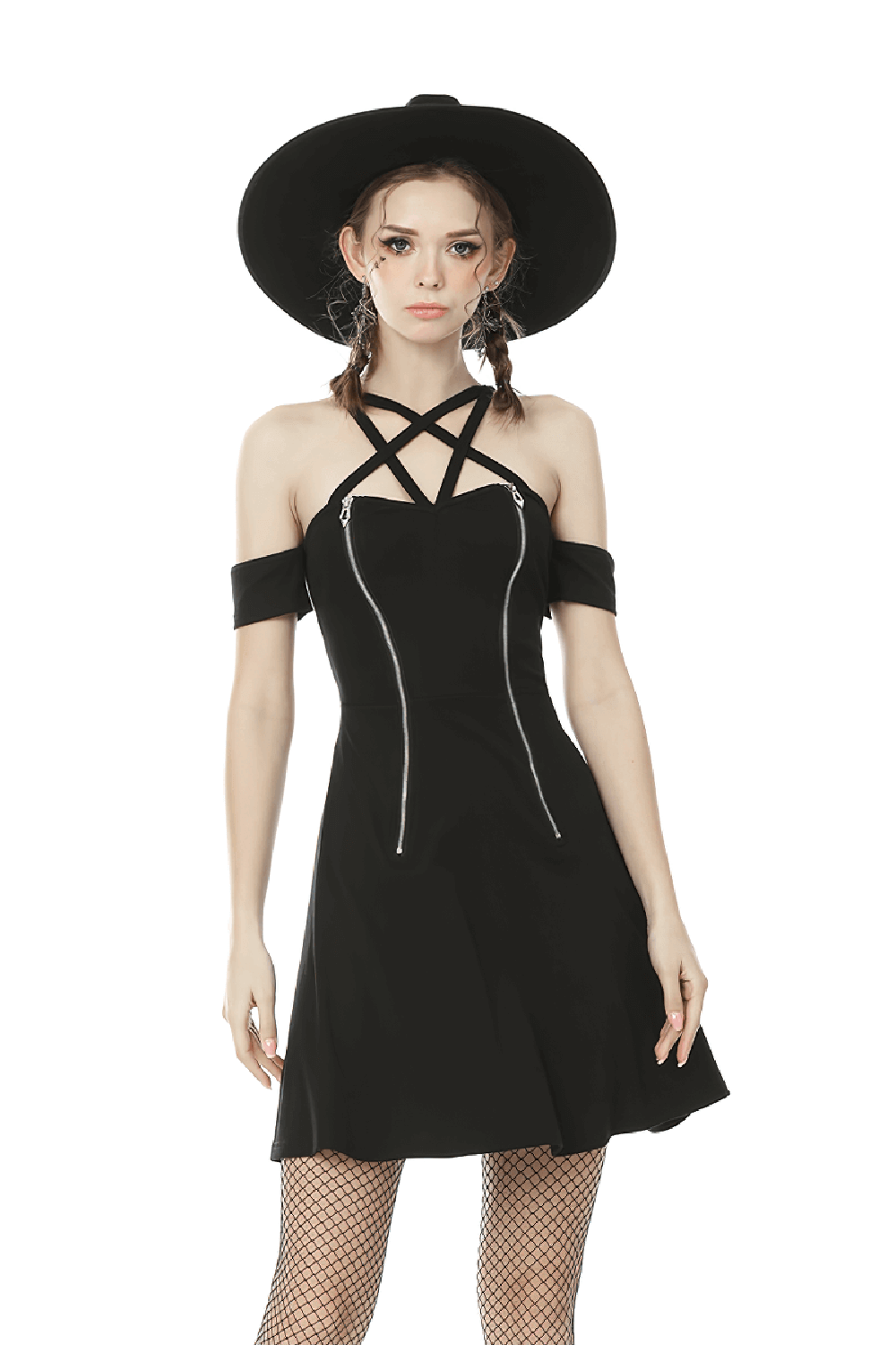 Chic black off-shoulder dress with cross straps, A-line silhouette, and stylish hat, perfect for day or night events.