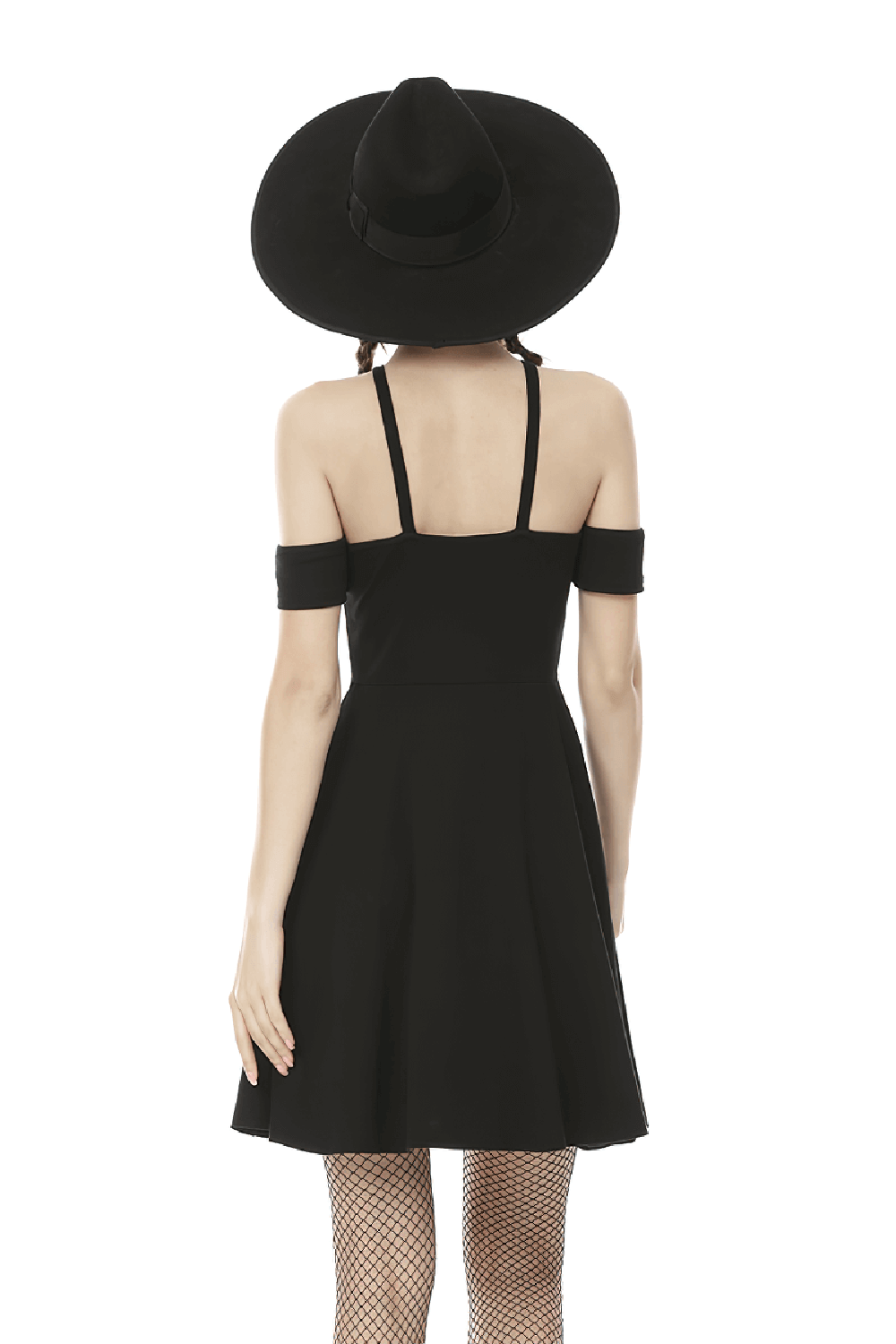 Elegant back view of a chic black off-shoulder A-line dress with cross straps, paired with a stylish wide-brim hat.