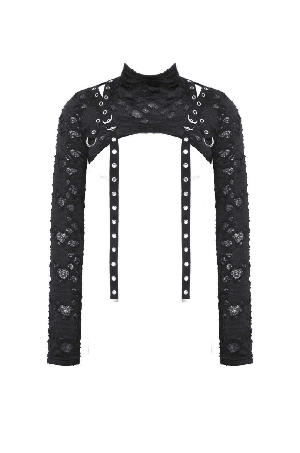 Chic black ripped crop top with long sleeves and stylish metal accents for a bold fashion statement.