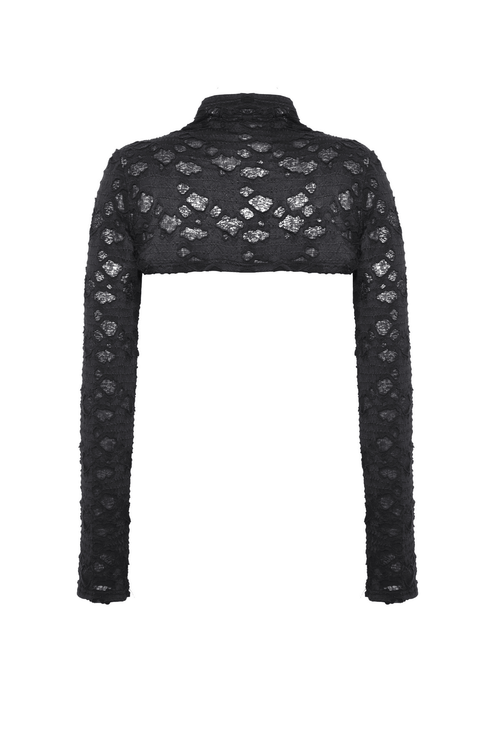 Chic black ripped crop top with long sleeves and lace pattern, featuring stylish metal accents for a bold look.