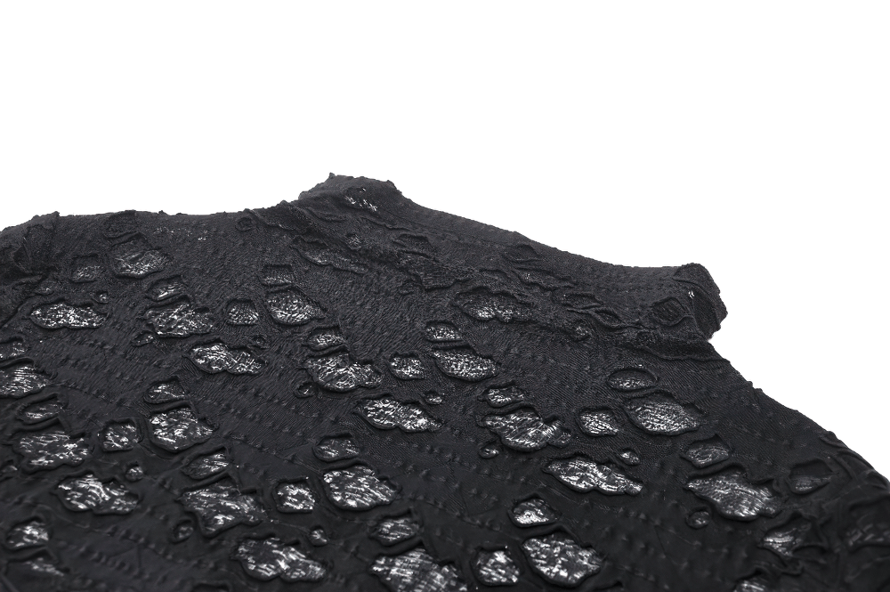 Chic black ripped crop top showcasing elegant lace details and metal accents for a bold fashion statement.