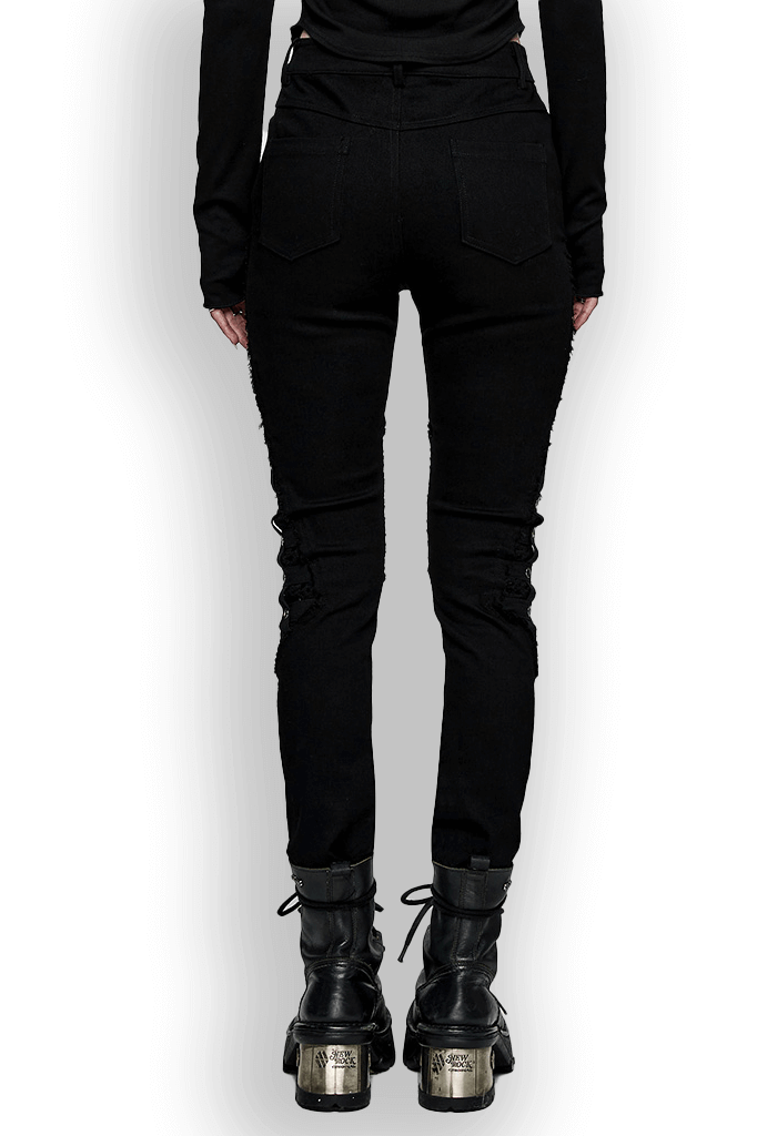 Back view of chic black rubberized mesh punk skinny pants for women, showcasing edgy design and fitted silhouette.
