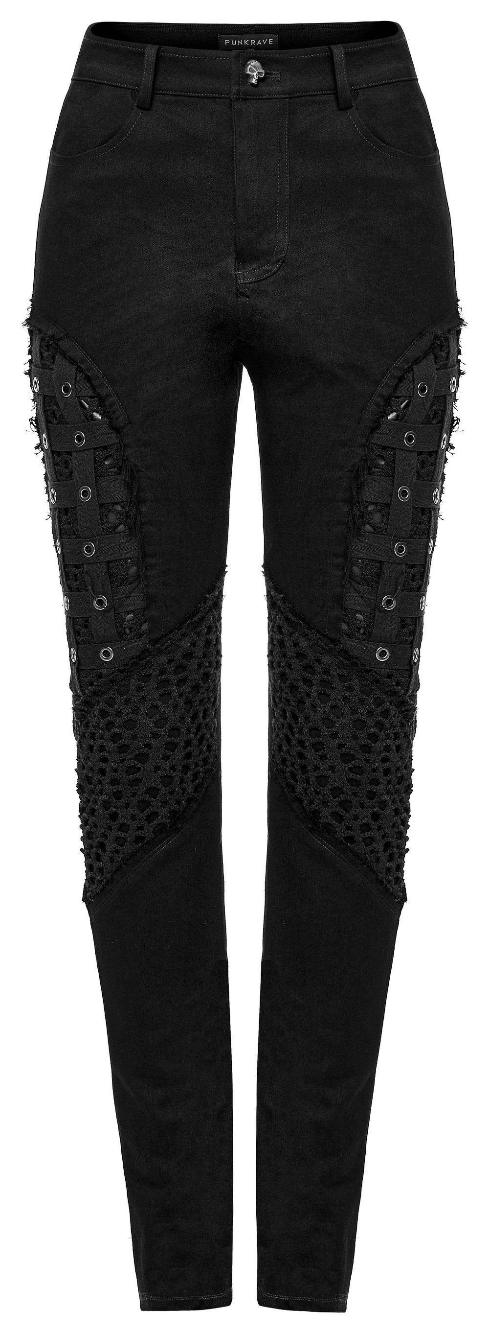 Chic black rubberized mesh punk skinny pants for women, featuring edgy geometric eyelet design and slimming fit.