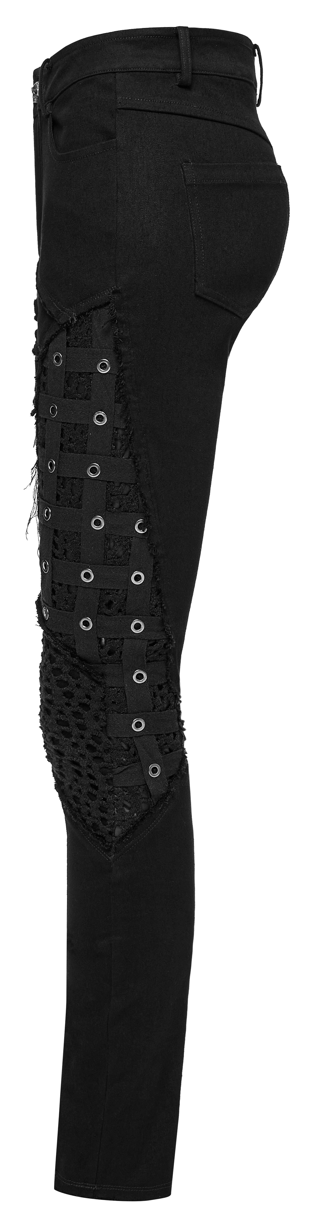 Chic black rubberized mesh punk cage skinny pants with eyelet detailing and slim-fit design, perfect for gothic style.