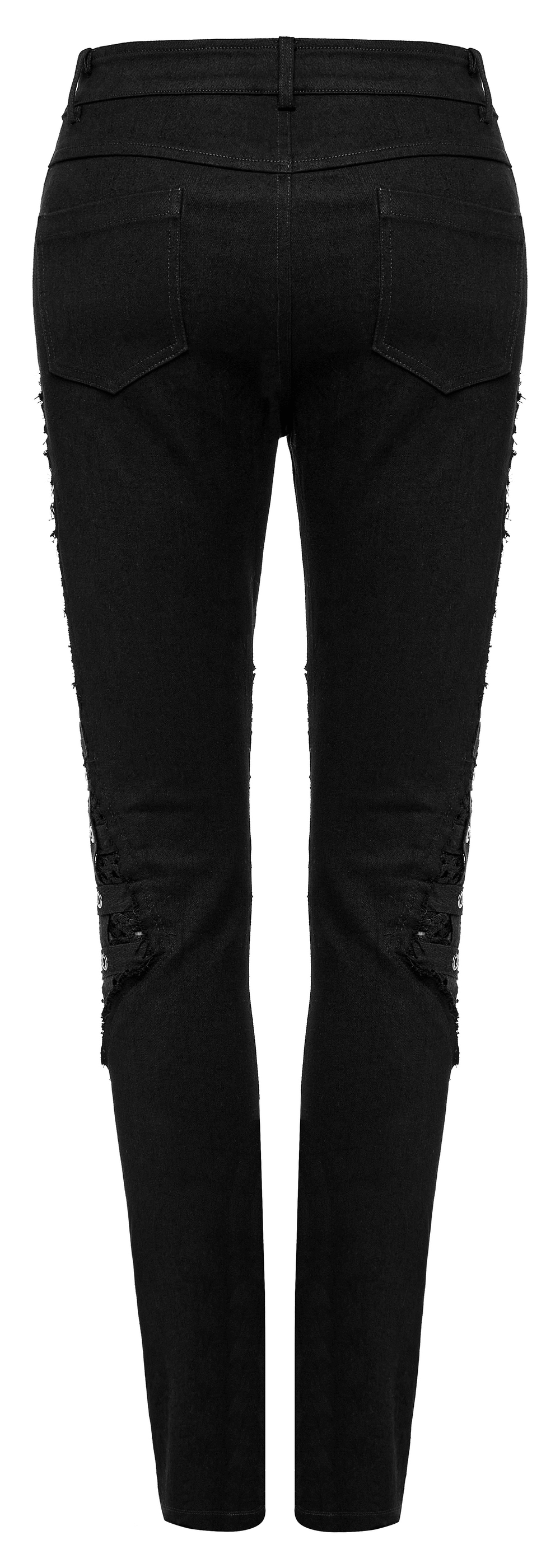 Chic black rubberized mesh punk skinny pants for women with geometric eyelet webbing and slimming design.