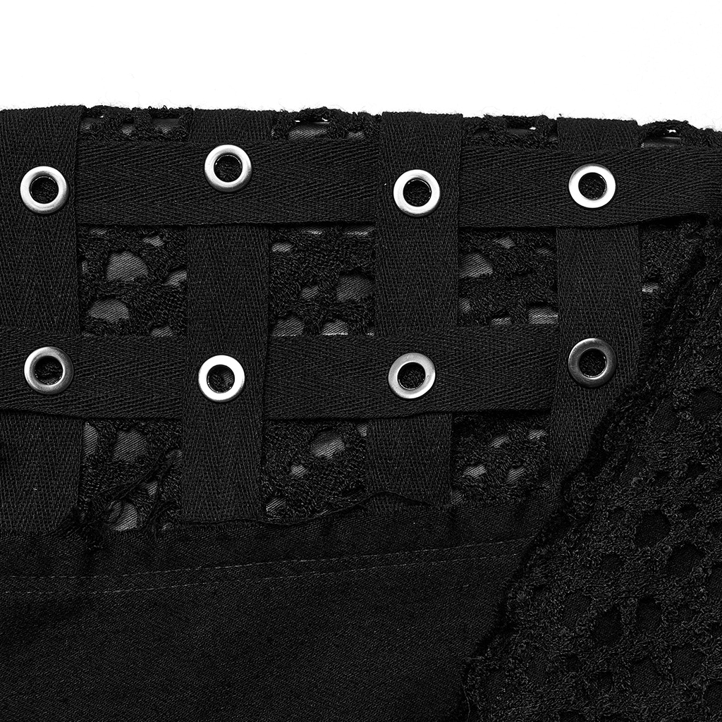 Close-up of black rubberized mesh with geometric eyelet webbing for punk style pants, showcasing edgy design details.
