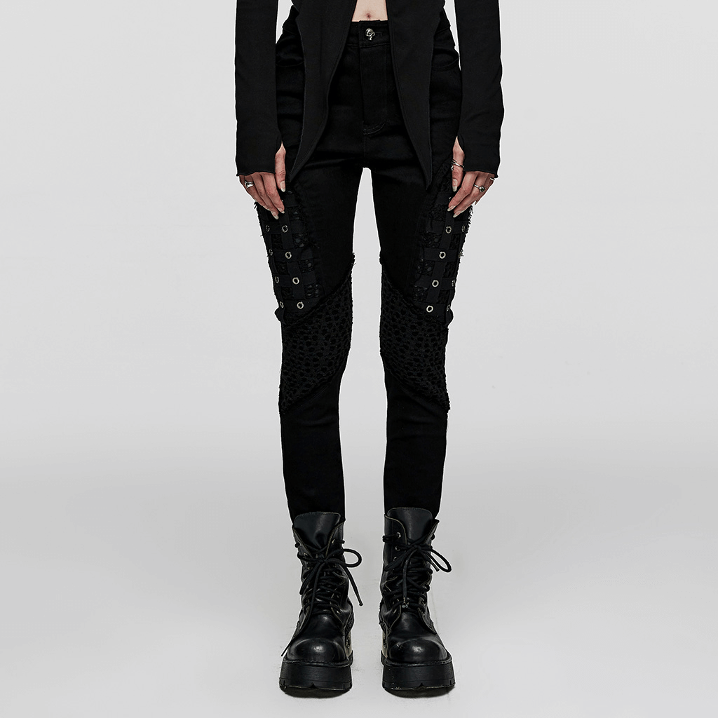 Chic black rubberized mesh punk skinny pants for women featuring edgy geometric eyelet design.