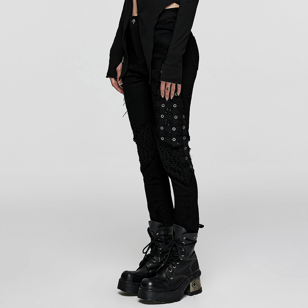 Chic black rubberized mesh punk skinny pants for women featuring geometric eyelet webbing and a modern slim fit.
