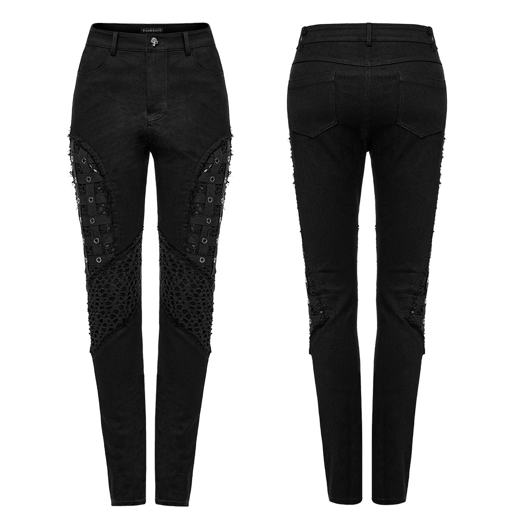 Chic black mesh punk skinny pants for women featuring geometric eyelet webbing and a slim-fit design.