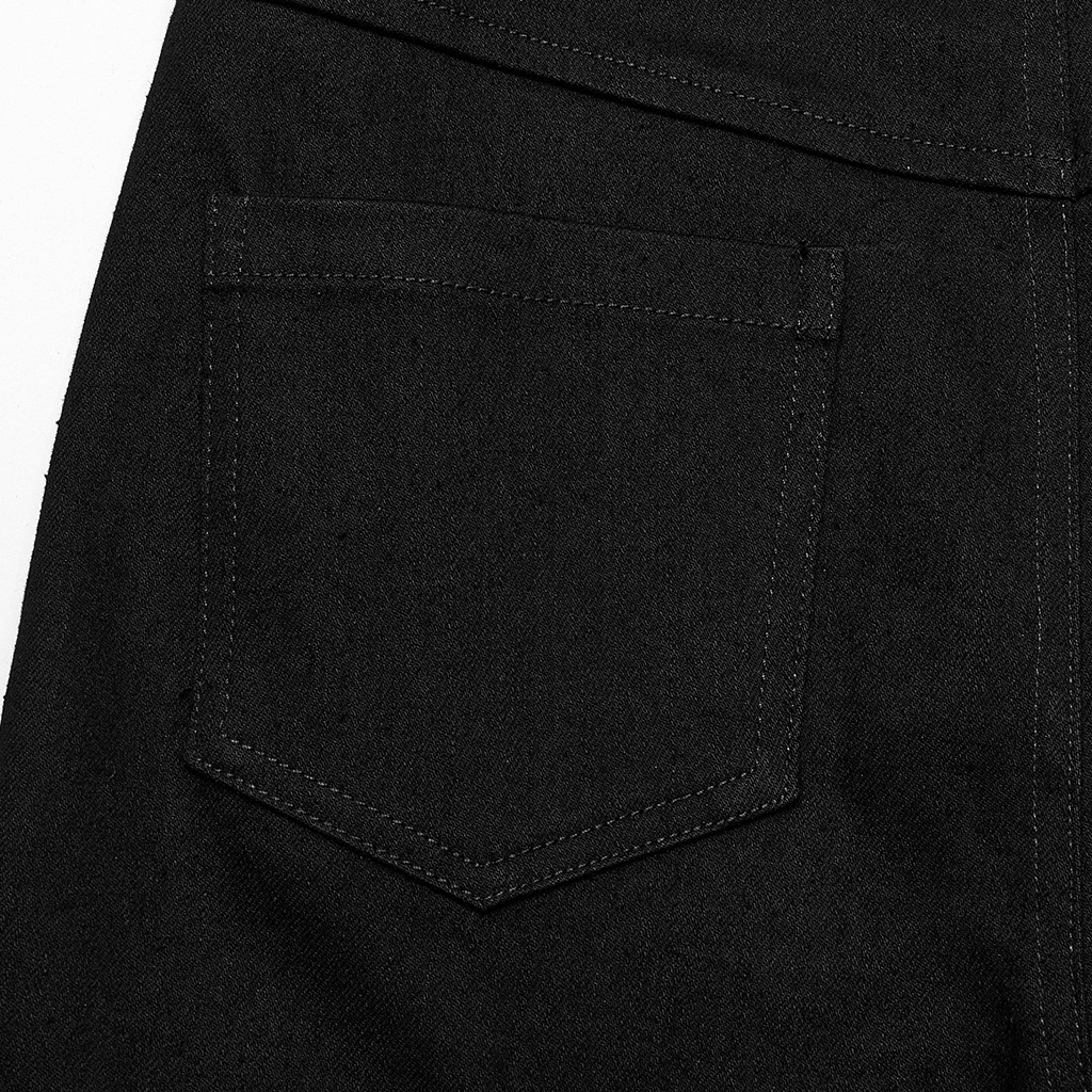 Close-up of the back pocket of chic black rubberized mesh punk skinny pants for women.