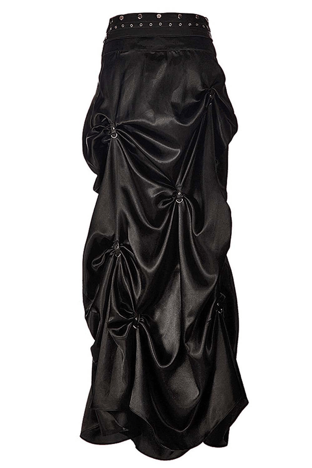 Alt Tag: Chic Black Ruched Long Skirt with Gothic Pouch Belt satin maxi skirt with ruched gathers, D-buckles, corset waist