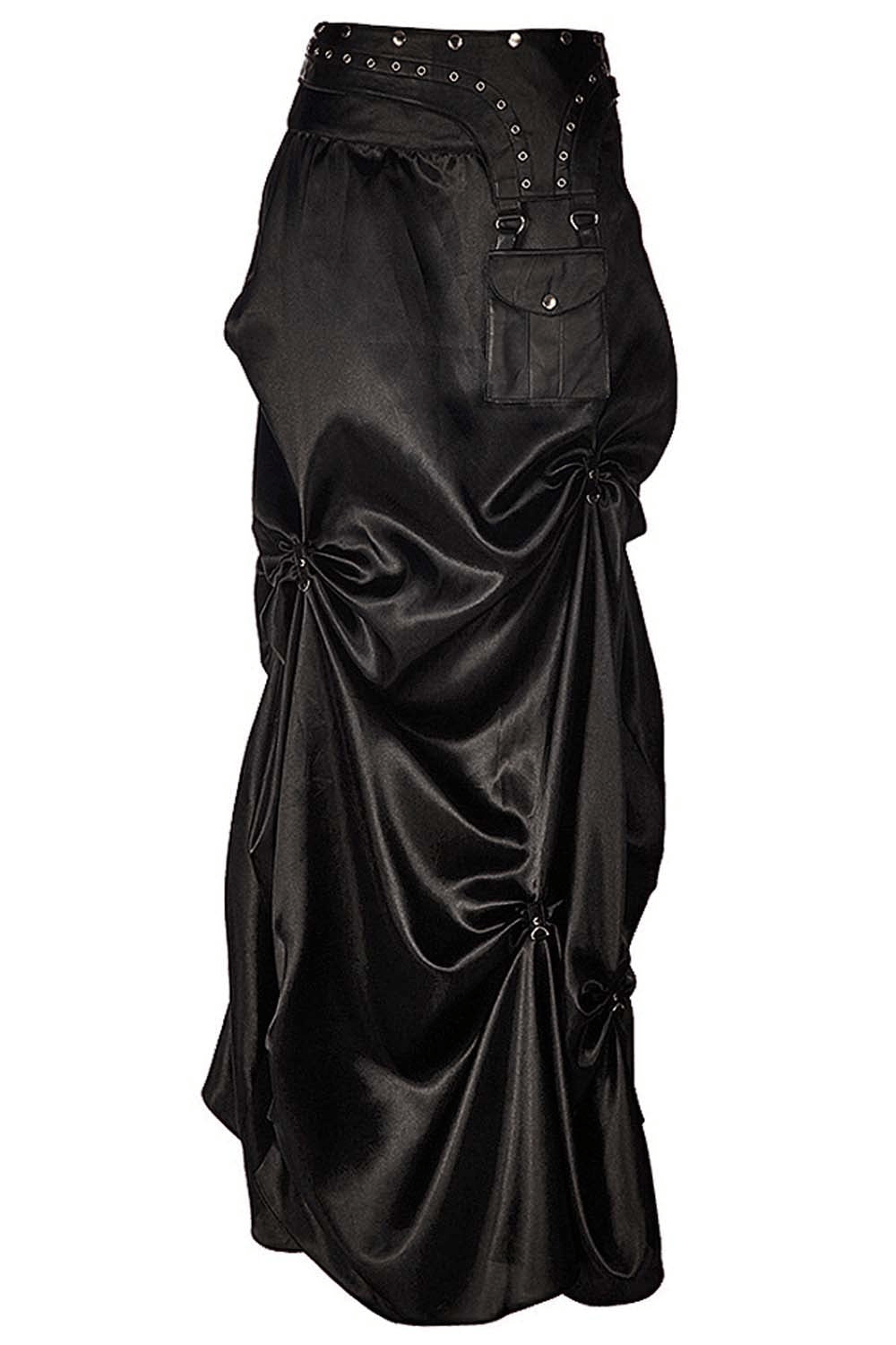 Alt Tag: Chic Black Ruched Long Skirt with Gothic Pouch Belt satin maxi skirt with D-buckles, corset waistband and utility pouch