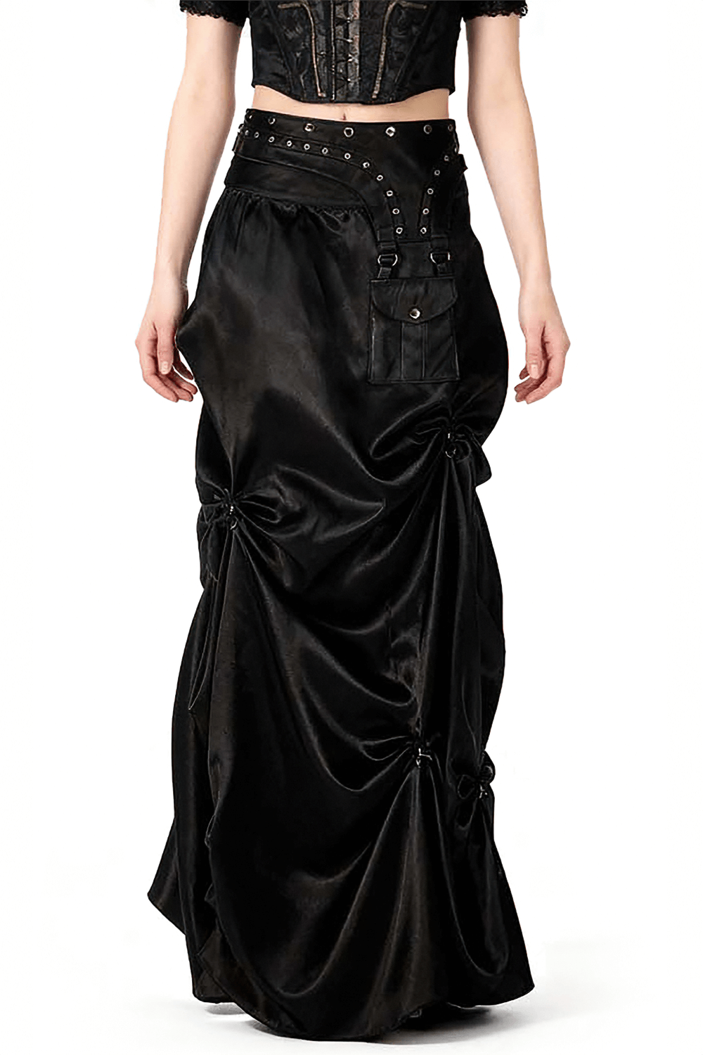 Alt Tag: Chic Black Ruched Long Skirt with Gothic Pouch Belt satin maxi skirt with D-buckles and corset waist pouch