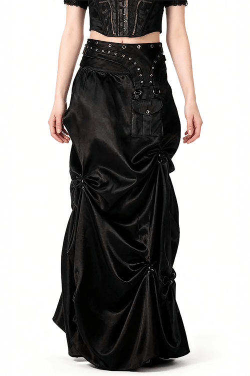 Chic Black Ruched Long Skirt with Gothic Pouch Belt