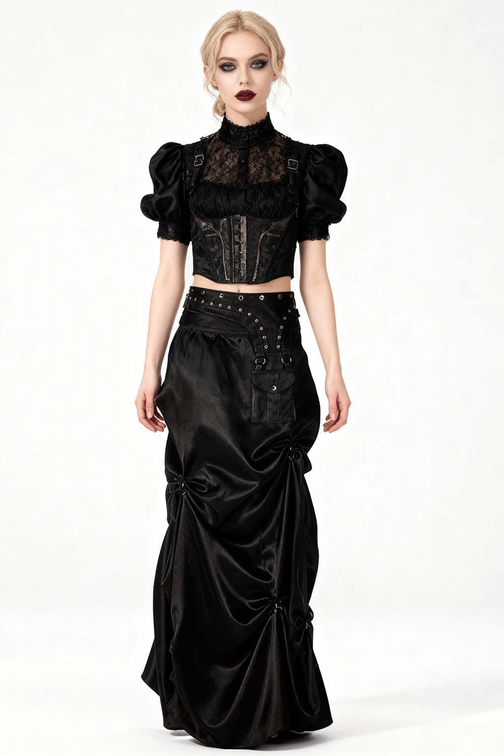 Alt Tag: Chic Black Ruched Long Skirt with Gothic Pouch Belt on model, satin maxi with D-buckles, corset waist and utility pouch