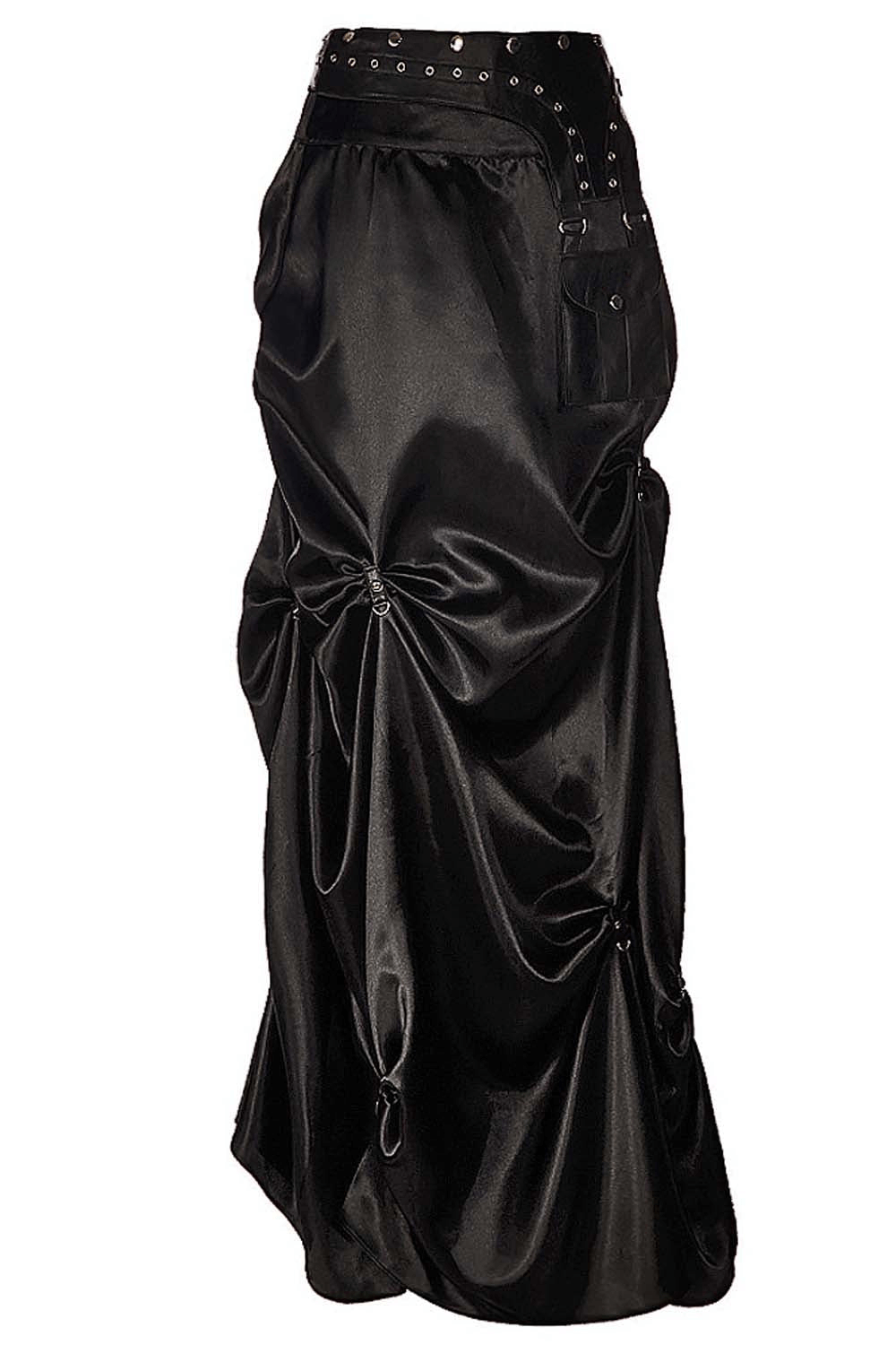 Alt Tag: Chic Black Ruched Long Skirt with Gothic Pouch Belt in satin maxi style, ruched drape with D-buckles and corset waist pouch