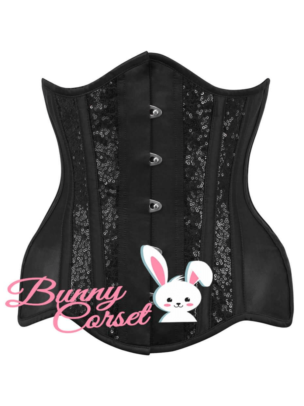 Chic black sequin underbust corset with mesh detail and metal busk closure, perfect for stylish silhouette enhancement.