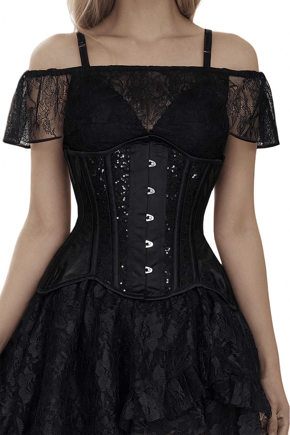 Chic black sequin underbust corset with lace top, perfect for styling any outfit elegantly.