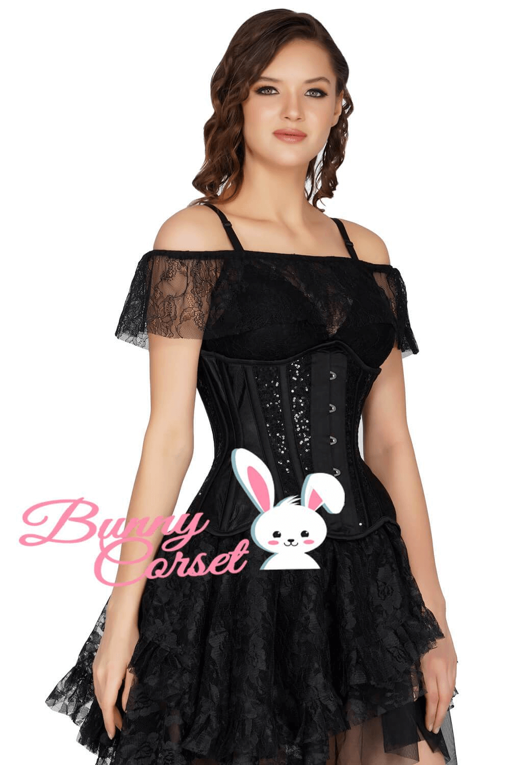 Chic black sequin underbust corset with lace detail, perfect for elegant styling and silhouette enhancement.