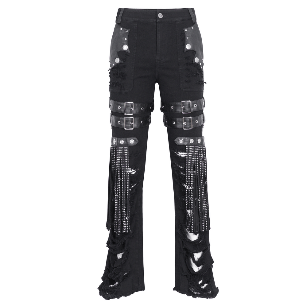 Chic black studded ripped jeans with unique buckles and distressed details for bold fashion statements.