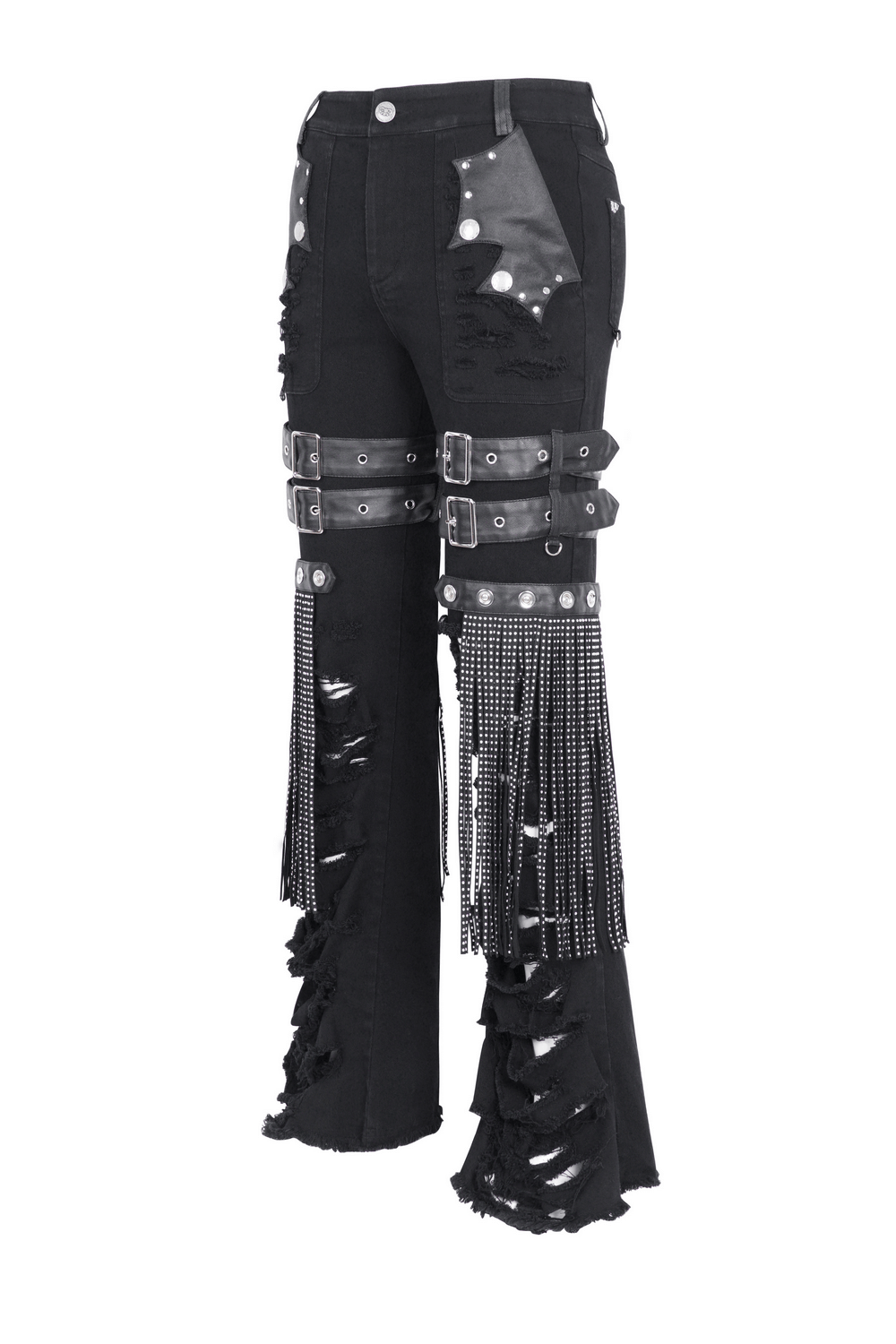Chic black studded ripped jeans featuring stylish buckle details and edgy fringe design.