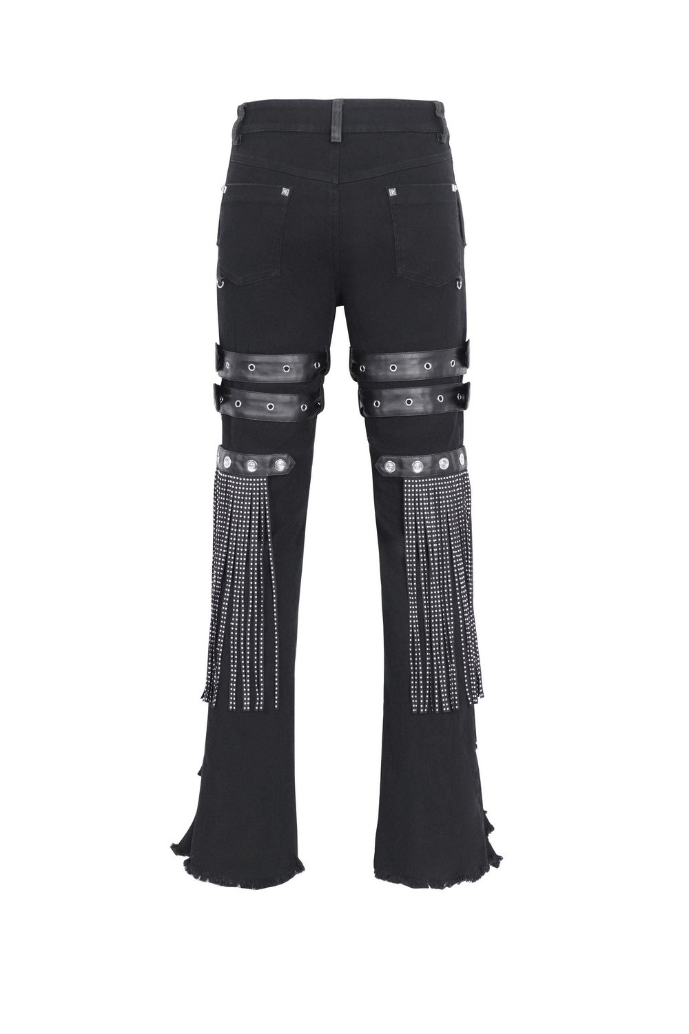 Chic black studded ripped jeans with buckle details and fringe embellishments, perfect for edgy style.