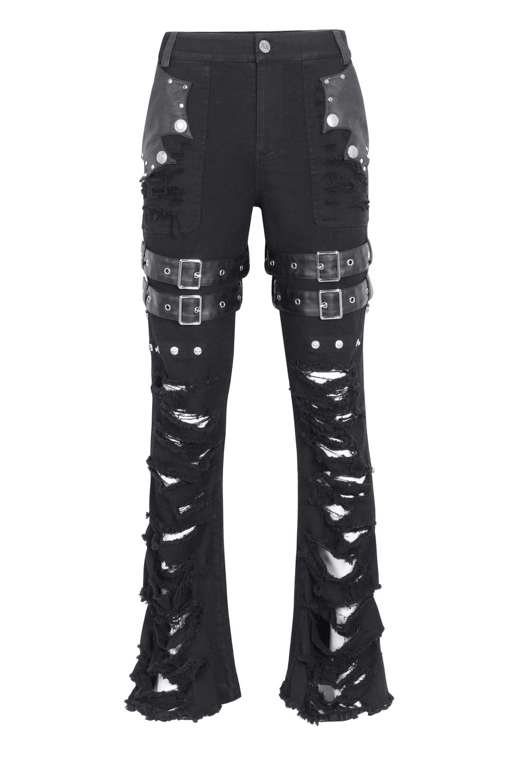 Chic black studded ripped jeans with buckle details and distressed fabric for a bold fashion statement.