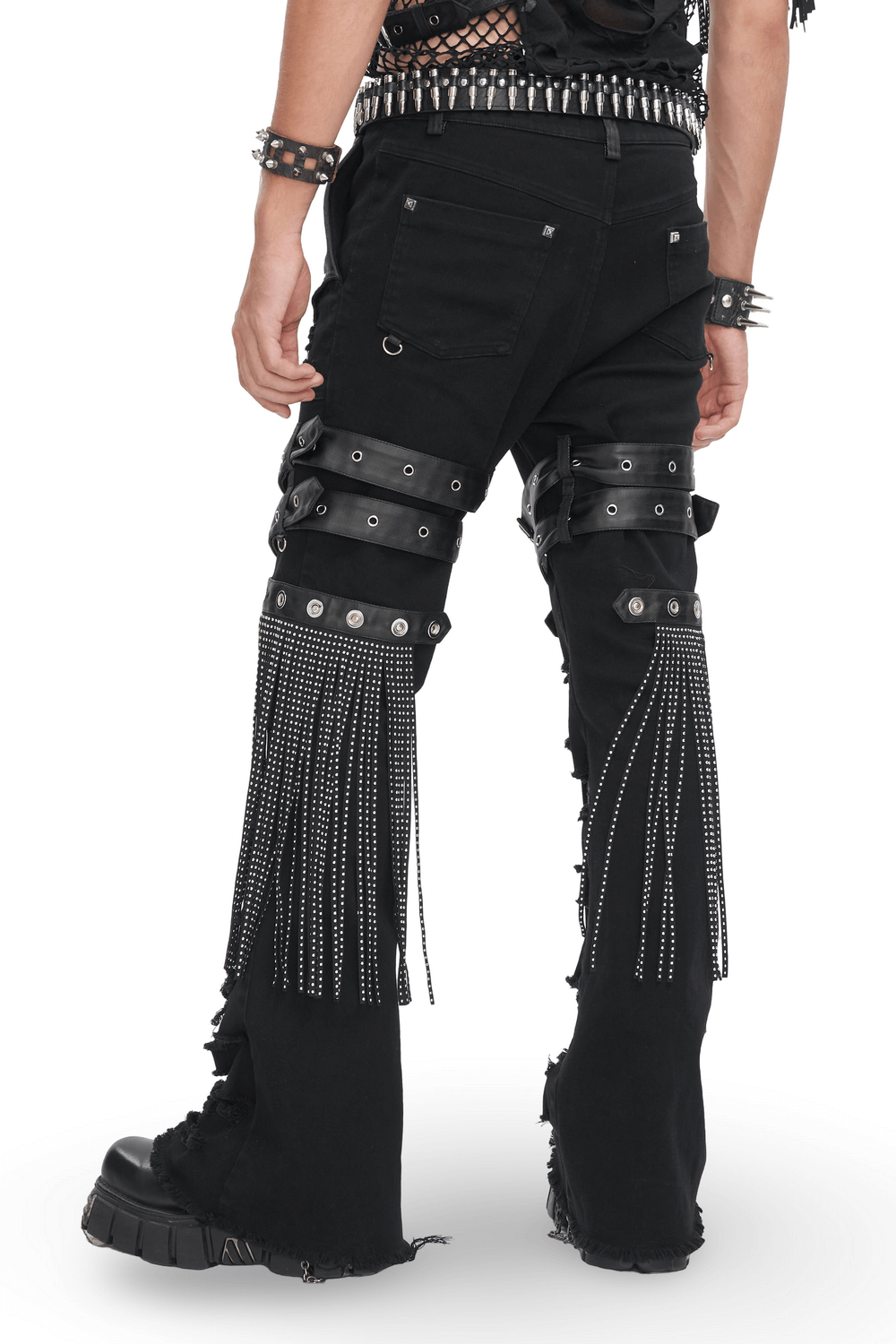 Chic Black Studded Ripped Jeans with Buckle Details