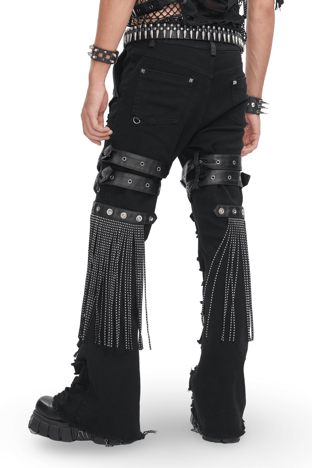 Chic black ripped jeans with studs and buckle details, perfect for edgy fashion statements.