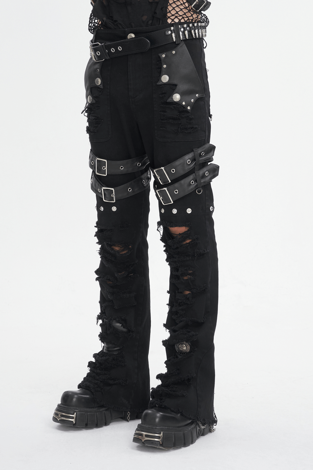 Chic black studded ripped jeans with buckle details and distressed design, perfect for edgy fashion statements.