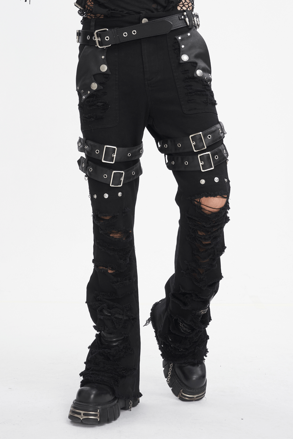Chic black studded ripped jeans with buckle details, perfect for a trendy edge in fashion.