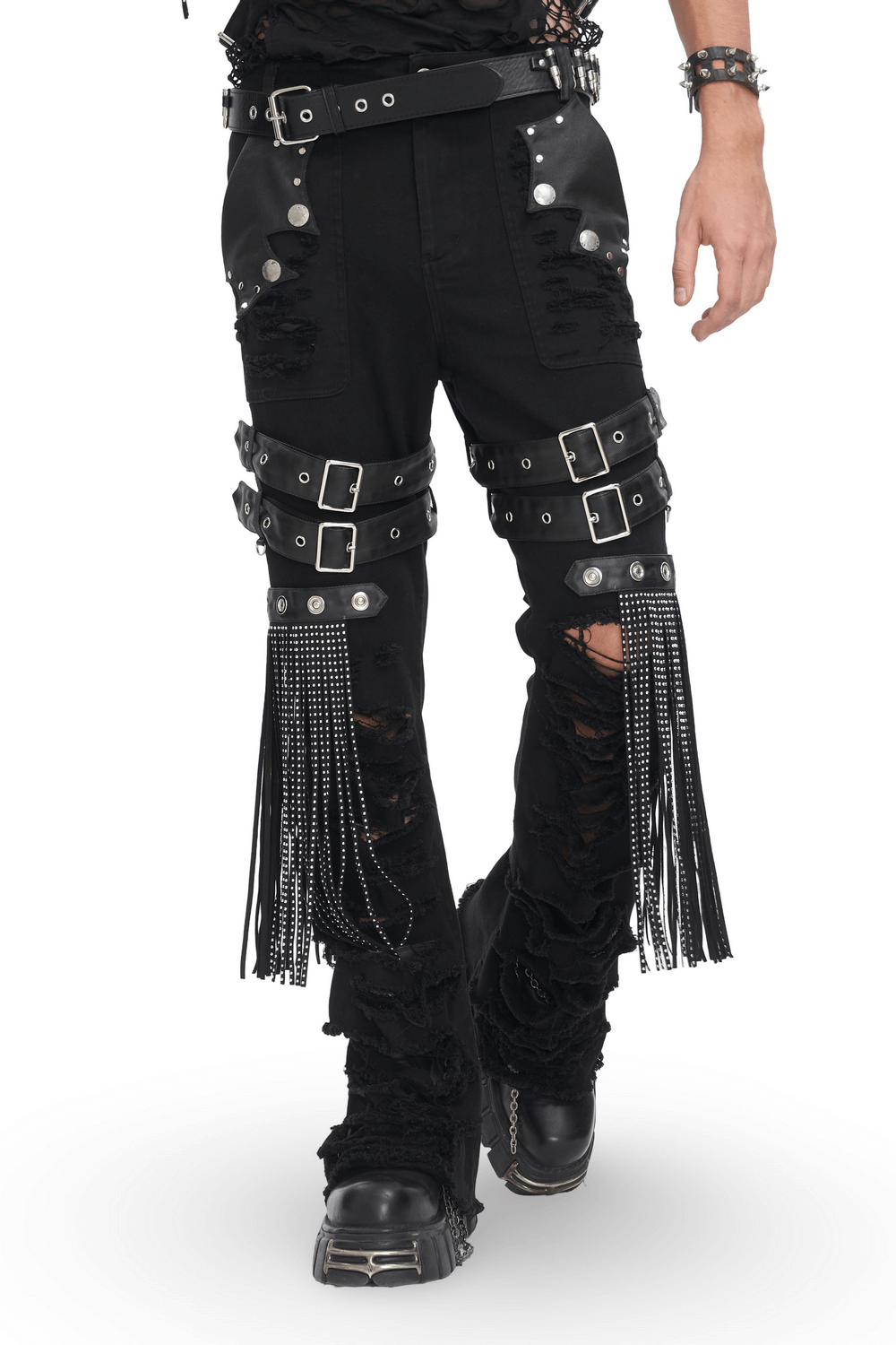 Chic black studded ripped jeans with buckle details and fringe, perfect for edgy fashion statements.