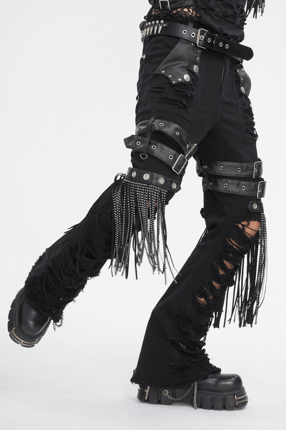 Chic Black Studded Ripped Jeans with Buckle Details