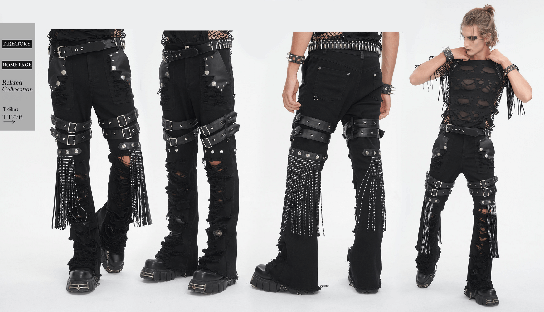 Chic black ripped jeans with studs and buckle details, perfect for a bold fashion statement.