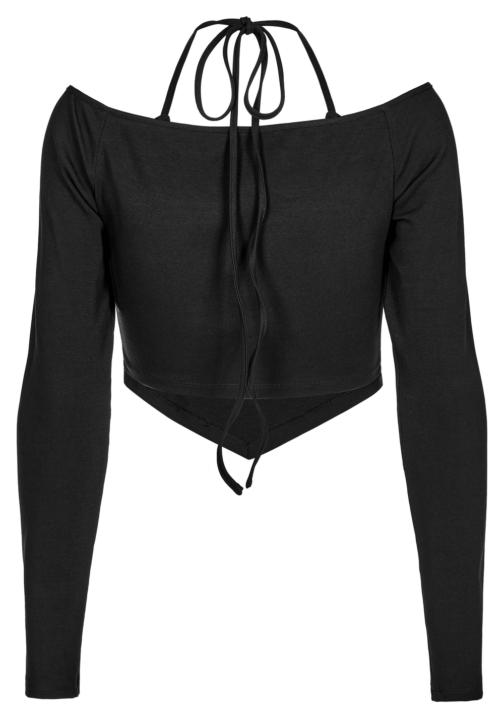 Chic black off-the-shoulder long sleeve top with sweetheart neckline and tie-back detail.