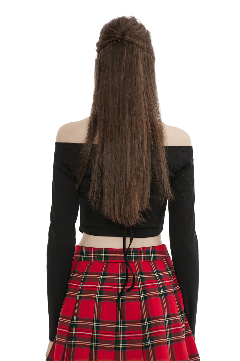 Back view of a model wearing a chic black off-the-shoulder top with long sleeves, paired with a red plaid skirt.