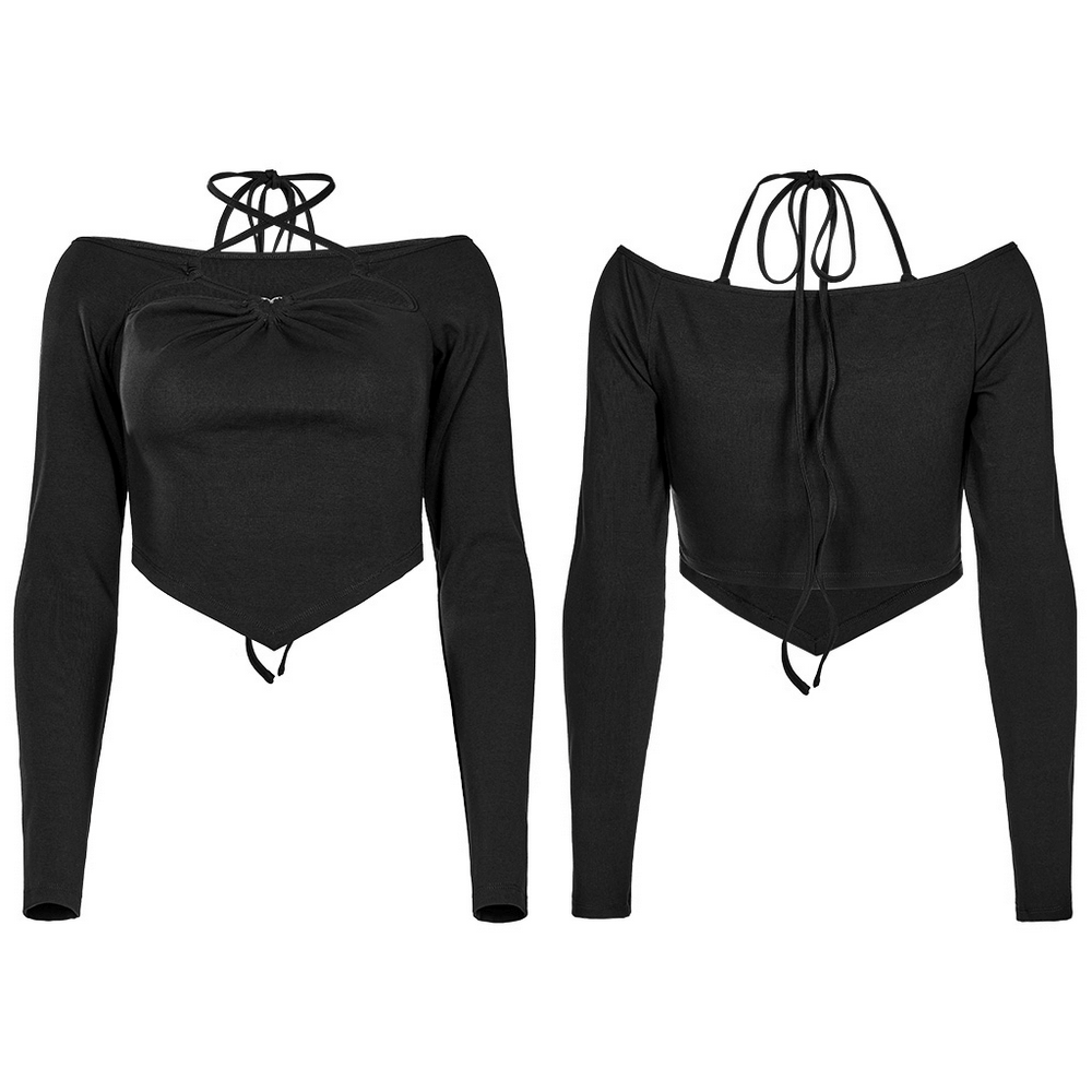 Chic black off-the-shoulder long sleeve top with sweetheart neckline and drawstring details
