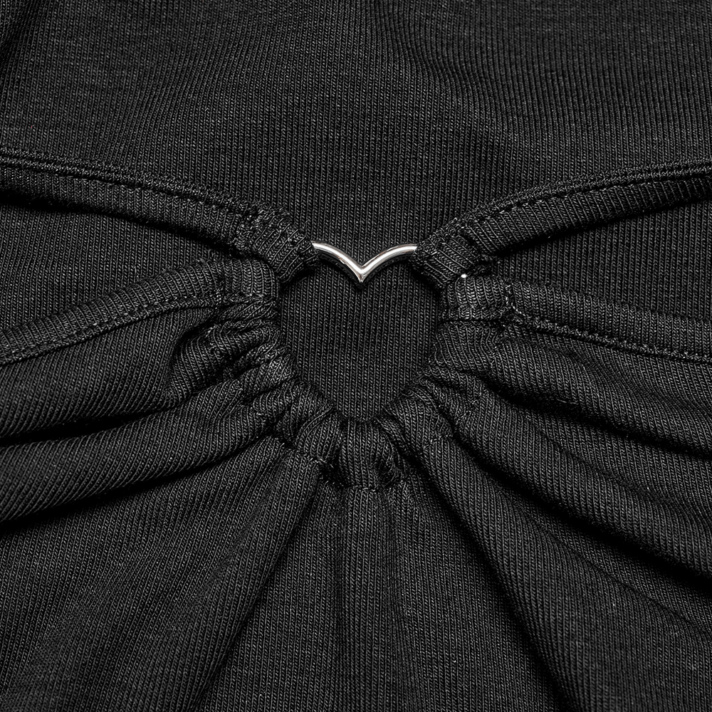 Close-up of a chic gothic black top featuring a sweetheart neckline detail with a heart-shaped accent.