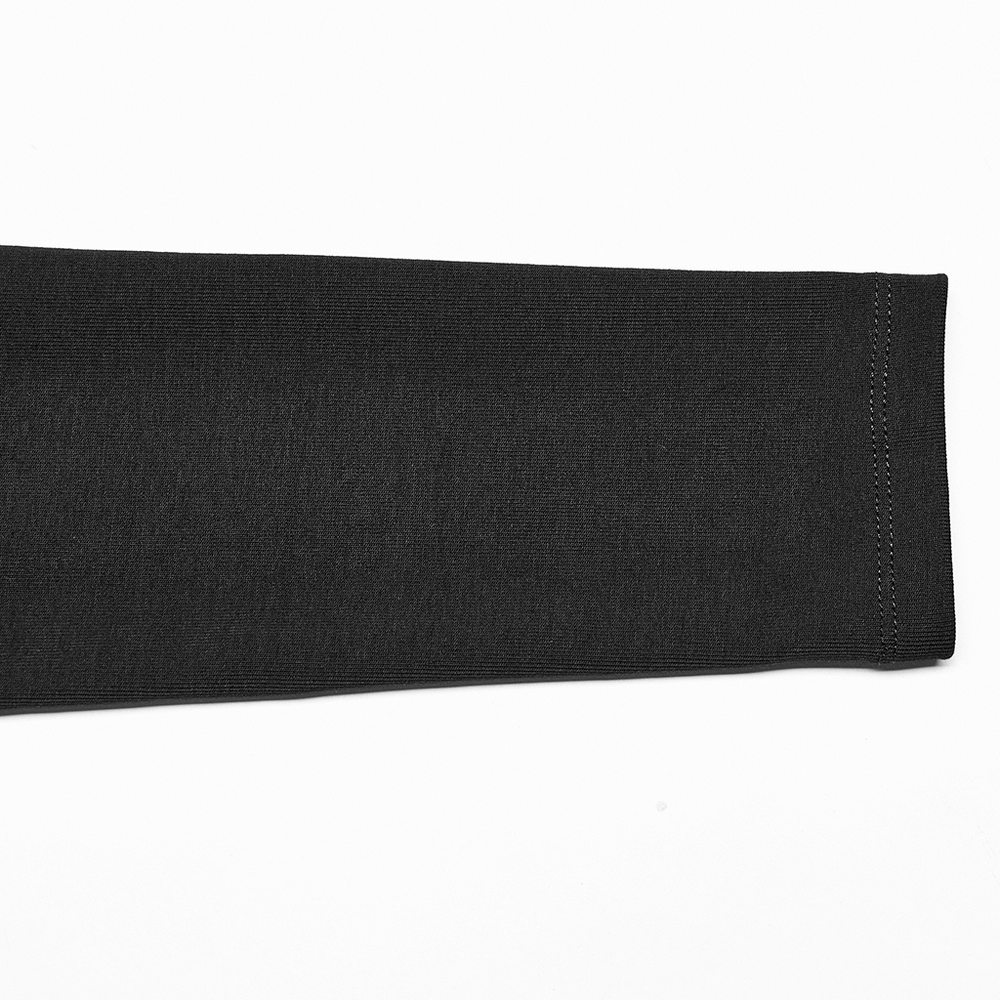 Close-up of the long sleeve of a chic black off-the-shoulder top, showcasing soft knit fabric and a sleek finish.