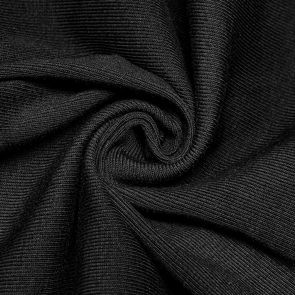 Close-up of soft black knit fabric, showcasing its stretchy and stylish texture for gothic fashion.