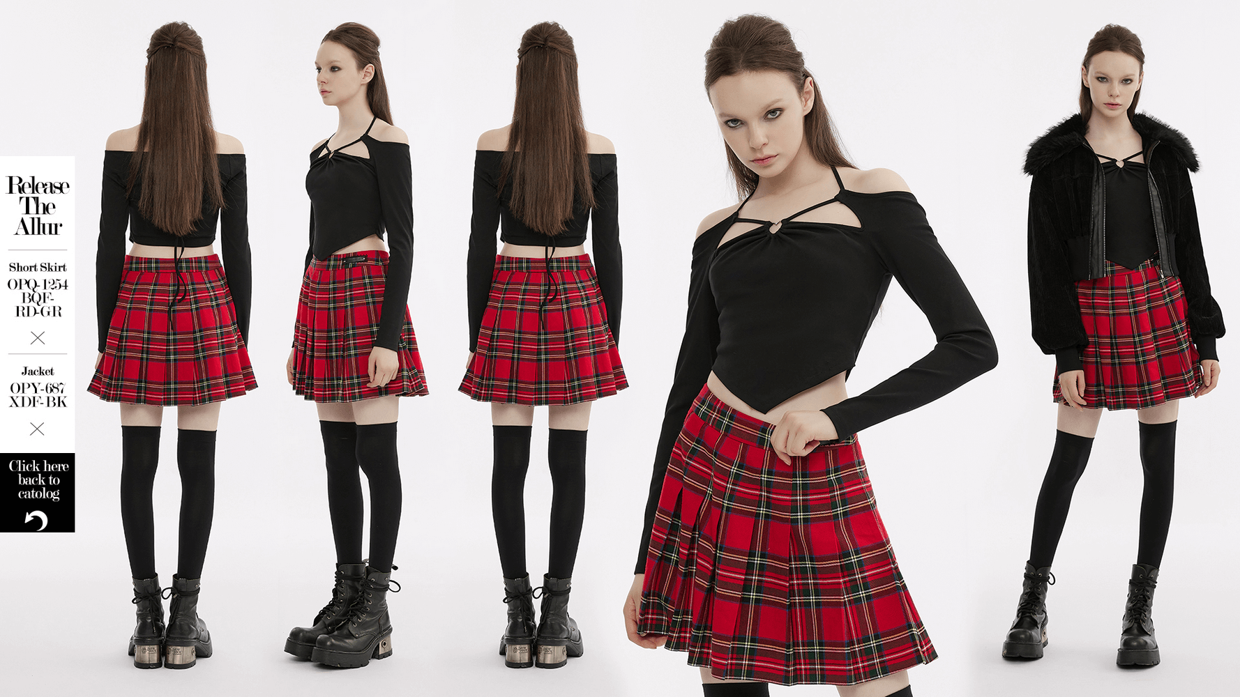 Chic off-the-shoulder black top with plaid skirt and stylish boots, perfect for gothic fashion lovers.