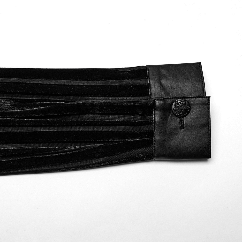 Detail view of the Chic Black Tactical Striped Velvet Men's Shirt sleeve with luxurious velvet and sleek leather finish.