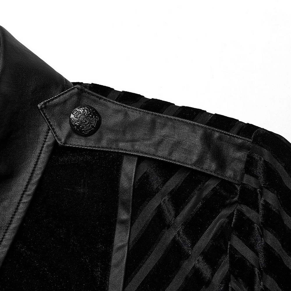 Close-up of the collar and button detail on the Chic Black Tactical Striped Velvet Men's Shirt.