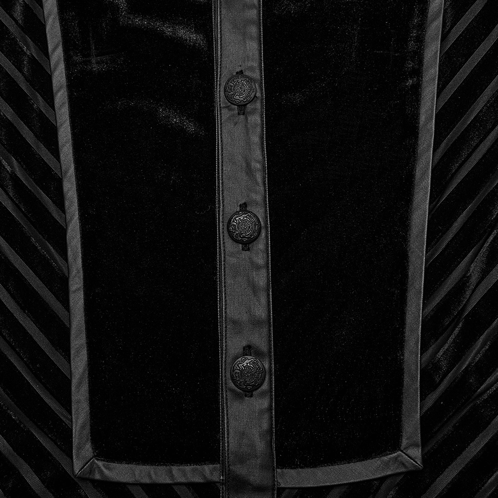 Close-up of the Chic Black Tactical Striped Velvet Men's Shirt featuring striped velvet and elegant buttons.